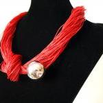 Red Linen Necklace With Silver