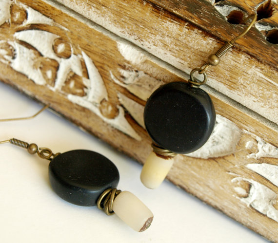 Black Earrings With A Brown Beige Rustic Touch - Boho Black Resin Earrings